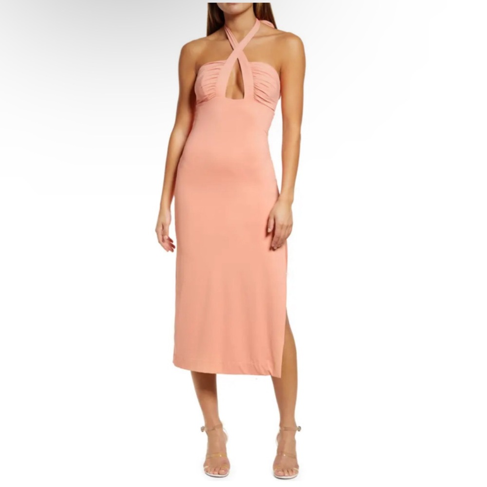Bardot Orange Peach Stretch Halter Midi Slit Dress Guilia Size Small